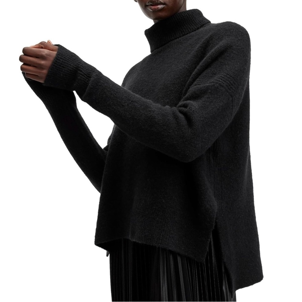 All Saints Wool Turtleneck Cropped Side Slits Black Sweater Size S NWOT
